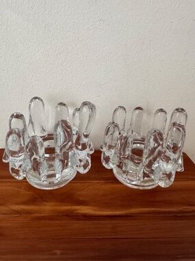 Vintage Italia Clear Glass Sculptural Candlestick Holders Set of 2